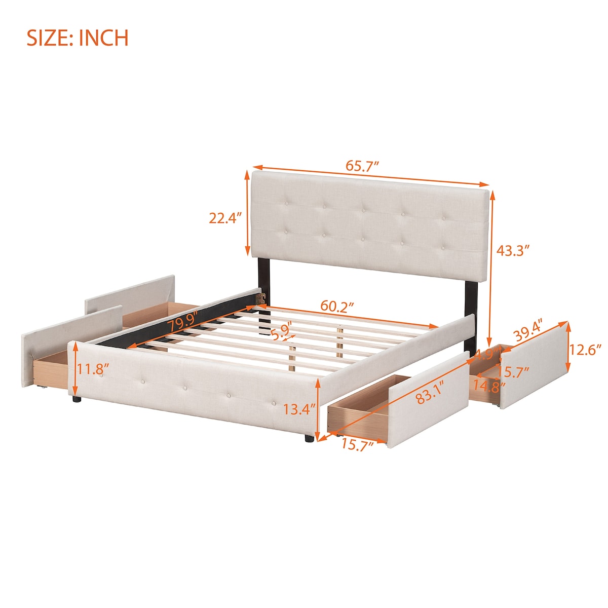 Queen Size Upholstered Storage Platform Bed with Tufted Headboard&4 Drawers