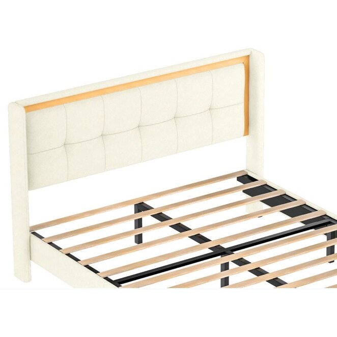 Queen Size Upholstered platform bed frame with headboard and sturdy wooden slats, high load-bearing capacity