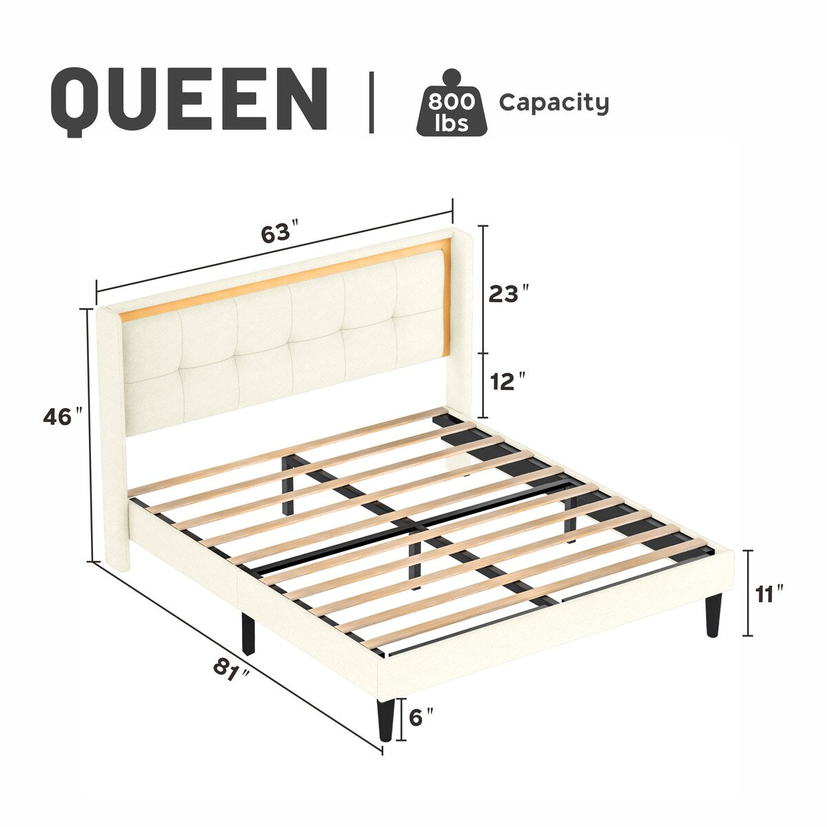 Queen Size Upholstered platform bed frame with headboard and sturdy wooden slats, high load-bearing capacity