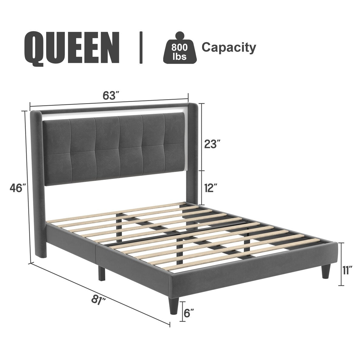 Queen Size Upholstered platform bed frame with headboard and sturdy wooden slats, high load-bearing capacity