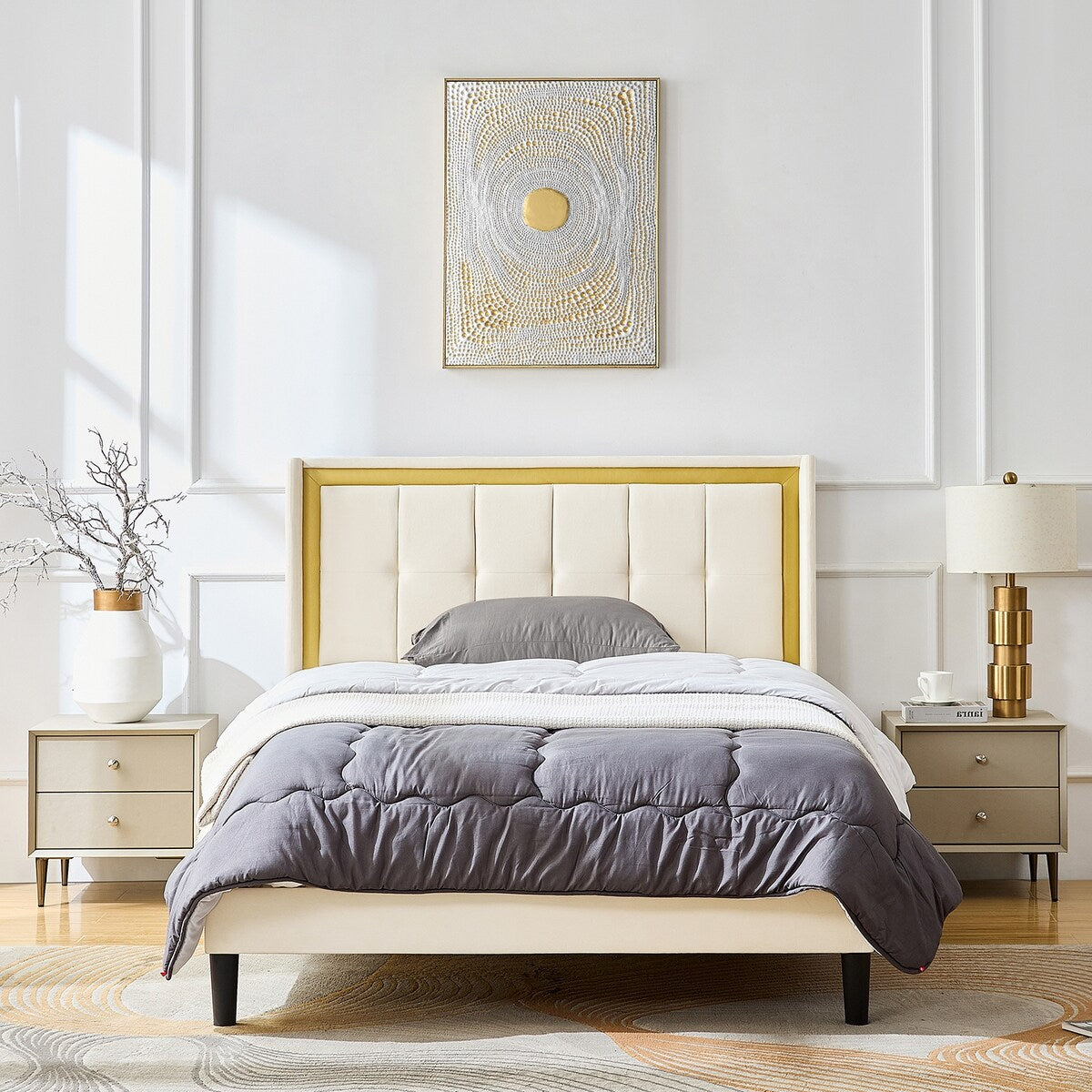 Queen Size Upholstered platform bed frame with headboard and sturdy wooden slats, high load-bearing capacity