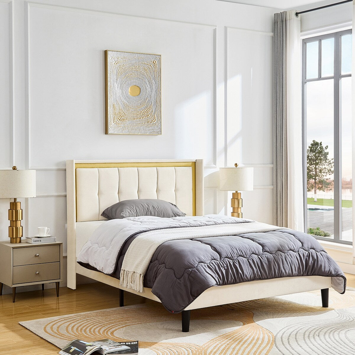 Queen Size Upholstered platform bed frame with headboard and sturdy wooden slats, high load-bearing capacity