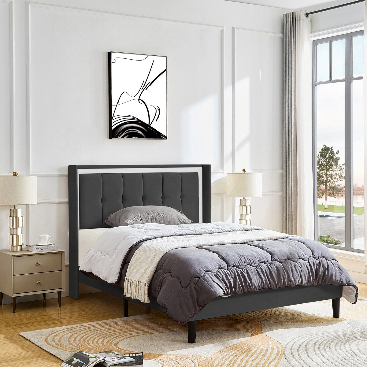 Queen Size Upholstered platform bed frame with headboard and sturdy wooden slats, high load-bearing capacity