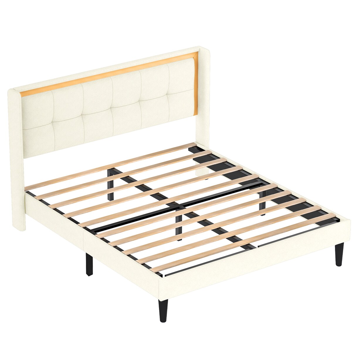 Queen Size Upholstered platform bed frame with headboard and sturdy wooden slats, high load-bearing capacity