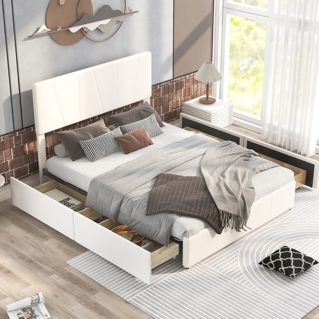 Queen Size Upholstery Platform Bed w/ 4 Drawers on 2 Sides Storage Bed, White
