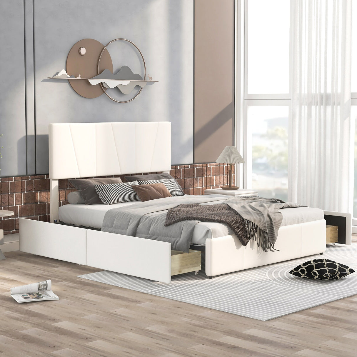 Queen Size Upholstery Platform Bed w/ 4 Drawers on 2 Sides Storage Bed, White