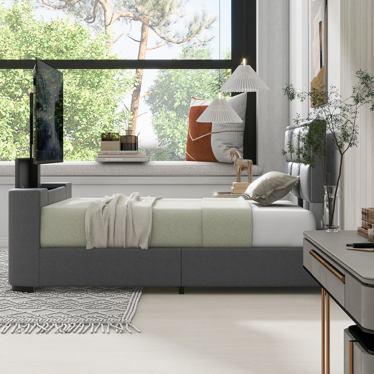 Queen Size Upholstery TV Platform Bed Frame with Height- adjustable Headboard and Support Legs