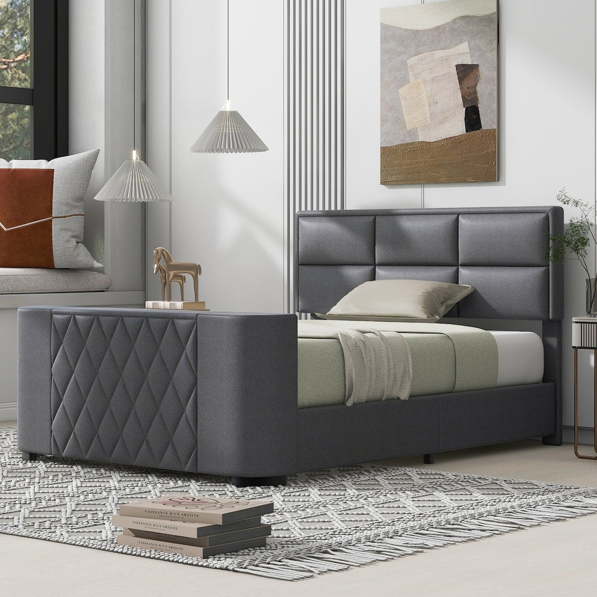 Queen Size Upholstery TV Platform Bed Frame with Height- adjustable Headboard and Support Legs
