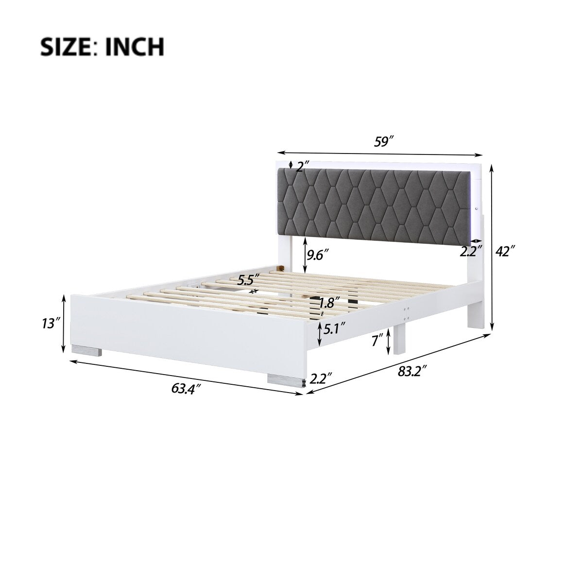 Queen Size Velvet Bed with LED Light and Headboard