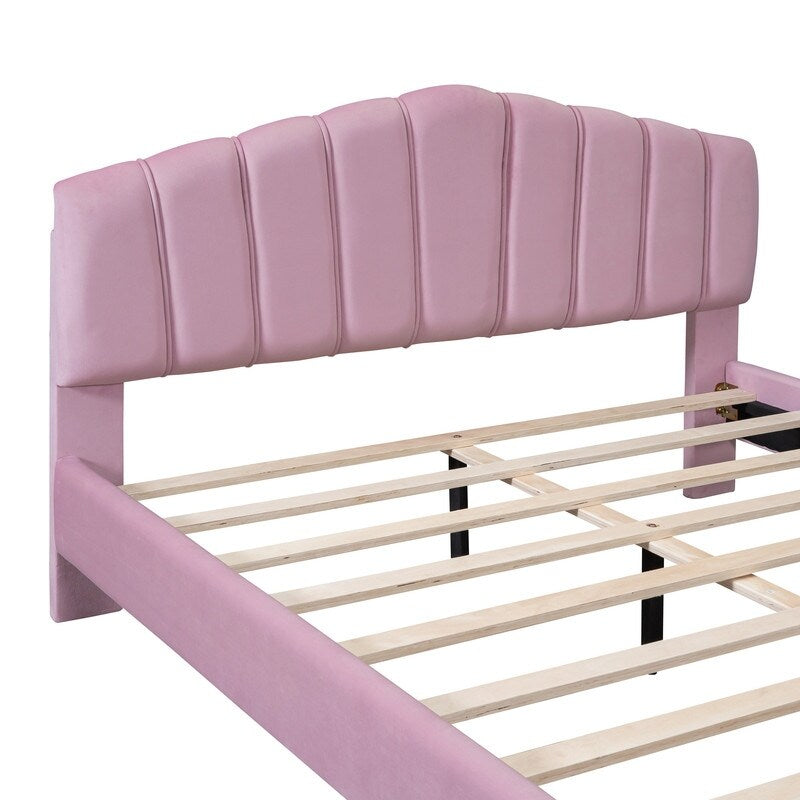 Queen Size Velvet Upholstered Platform Bed with Stripe Decorated Bedboard