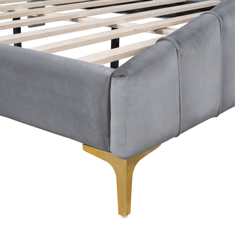 Queen Size Velvet Upholstered Platform Bed with Stripe Decorated Bedboard