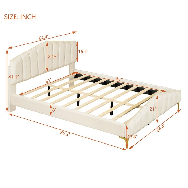 Queen Size Velvet Upholstered Platform Bed with Stripe Decorated Bedboard