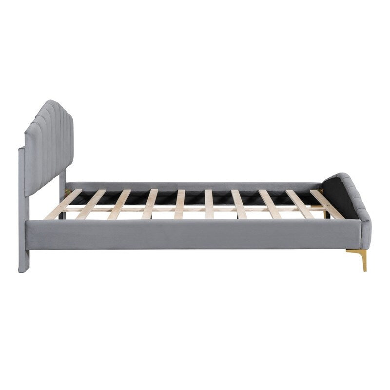 Queen Size Velvet Upholstered Platform Bed with Stripe Decorated Bedboard