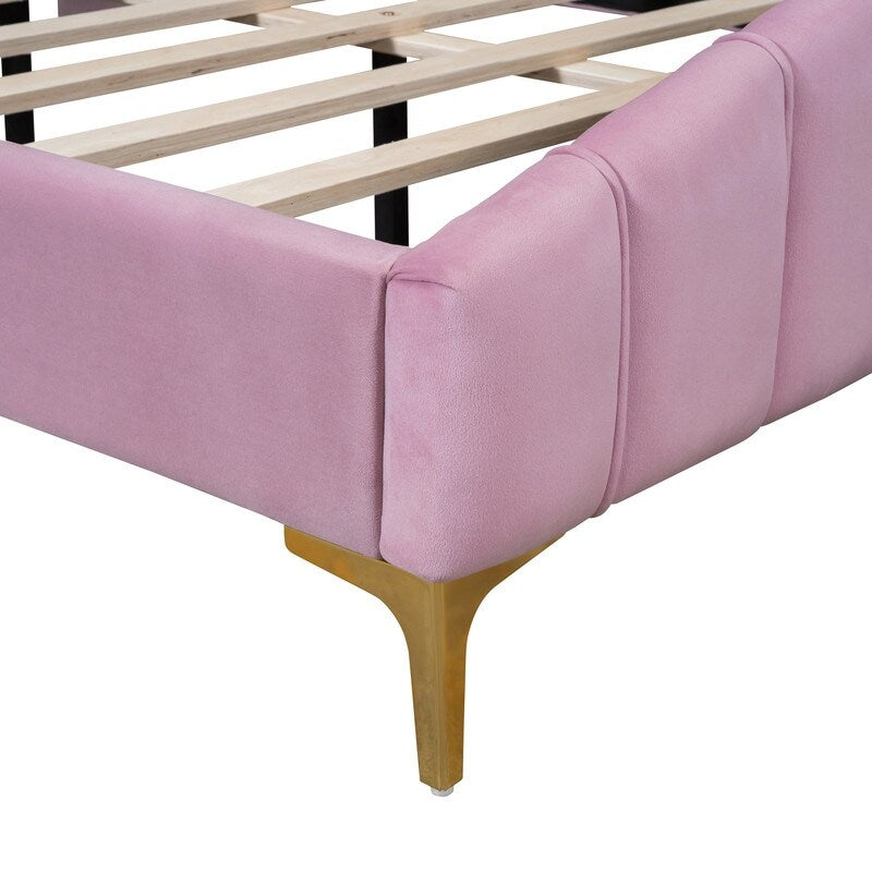 Queen Size Velvet Upholstered Platform Bed with Stripe Decorated Bedboard