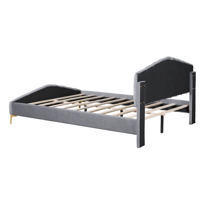 Queen Size Velvet Upholstered Platform Bed with Stripe Decorated Bedboard