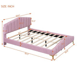 Queen Size Velvet Upholstered Platform Bed with Stripe Decorated Bedboard