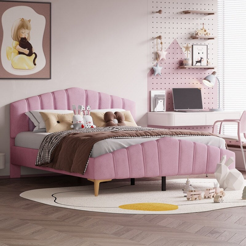 Queen Size Velvet Upholstered Platform Bed with Stripe Decorated Bedboard