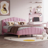 Queen Size Velvet Upholstered Platform Bed with Stripe Decorated Bedboard