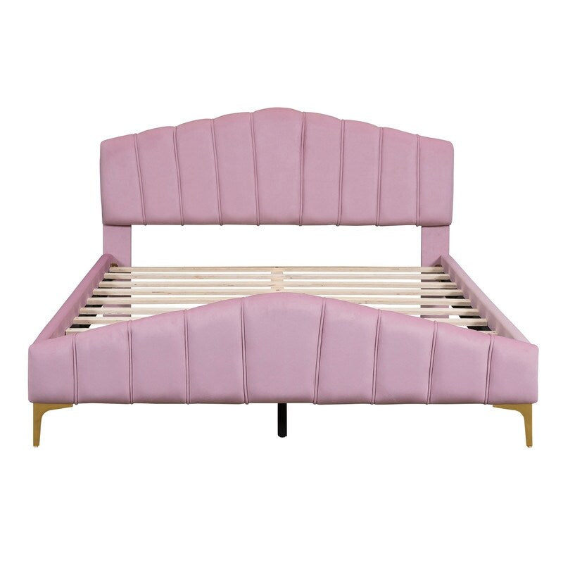 Queen Size Velvet Upholstered Platform Bed with Stripe Decorated Bedboard