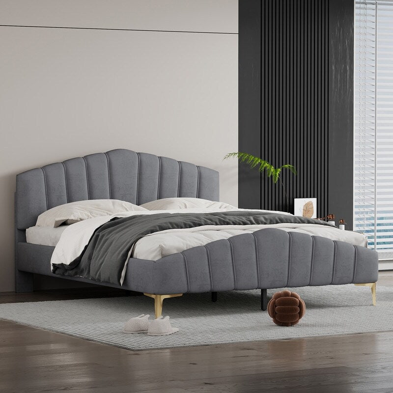 Queen Size Velvet Upholstered Platform Bed with Stripe Decorated Bedboard
