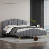 Queen Size Velvet Upholstered Platform Bed with Stripe Decorated Bedboard