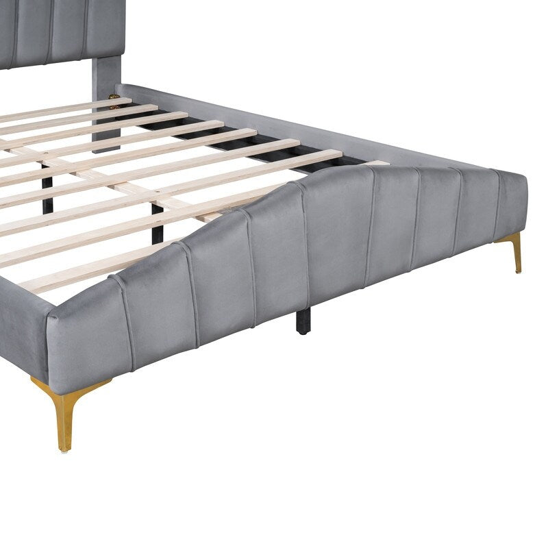 Queen Size Velvet Upholstered Platform Bed with Stripe Decorated Bedboard