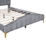 Queen Size Velvet Upholstered Platform Bed with Stripe Decorated Bedboard