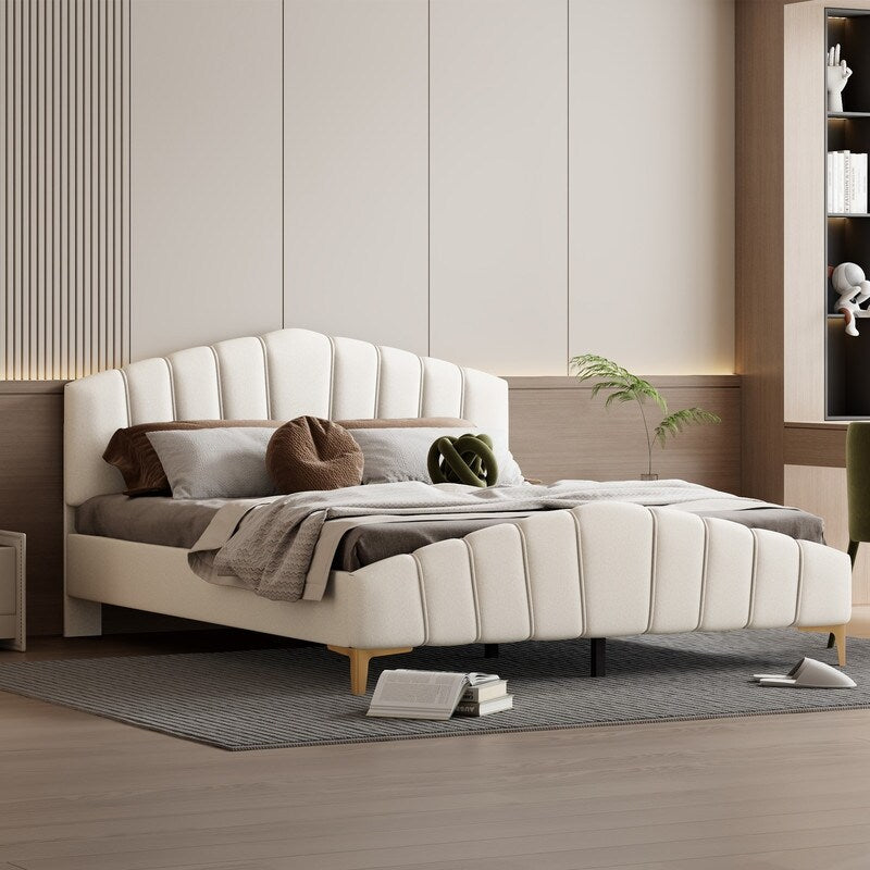 Queen Size Velvet Upholstered Platform Bed with Stripe Decorated Bedboard
