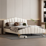 Queen Size Velvet Upholstered Platform Bed with Stripe Decorated Bedboard