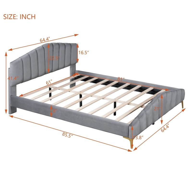Queen Size Velvet Upholstered Platform Bed with Stripe Decorated Bedboard