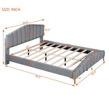 Queen Size Velvet Upholstered Platform Bed with Stripe Decorated Bedboard