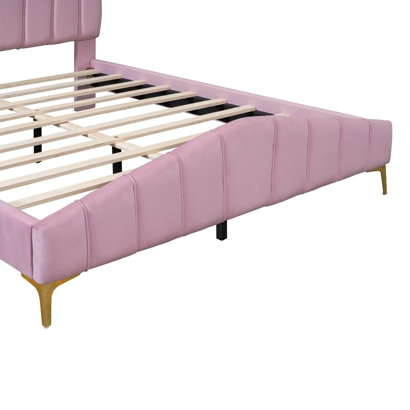Queen Size Velvet Upholstered Platform Bed with Stripe Decorated Bedboard