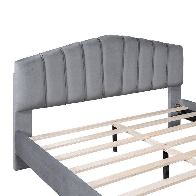Queen Size Velvet Upholstered Platform Bed with Stripe Decorated Bedboard