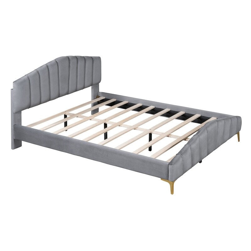 Queen Size Velvet Upholstered Platform Bed with Stripe Decorated Bedboard