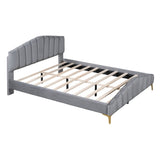 Queen Size Velvet Upholstered Platform Bed with Stripe Decorated Bedboard