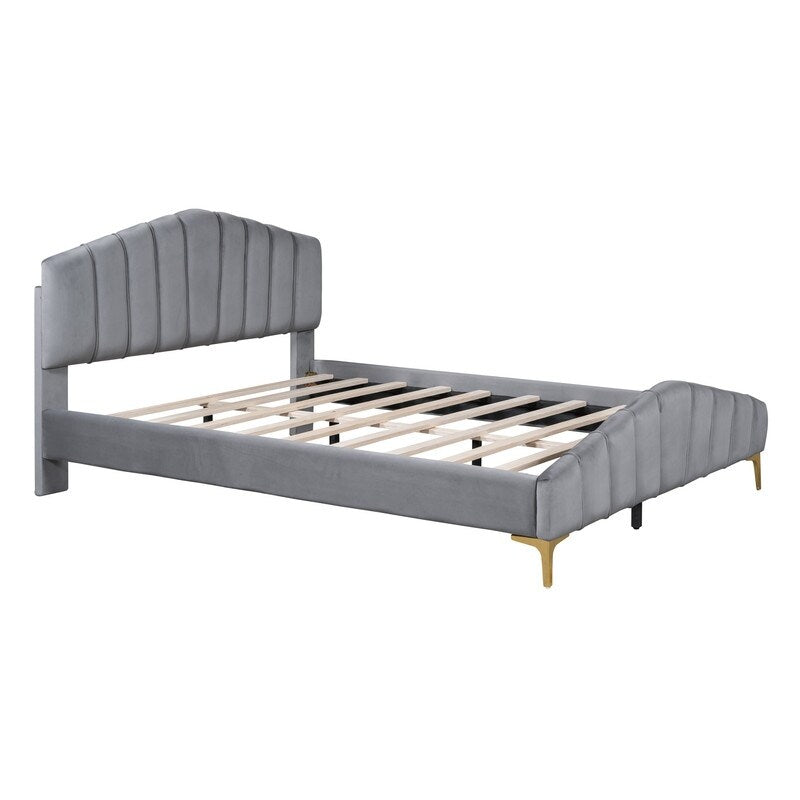 Queen Size Velvet Upholstered Platform Bed with Stripe Decorated Bedboard