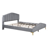 Queen Size Velvet Upholstered Platform Bed with Stripe Decorated Bedboard