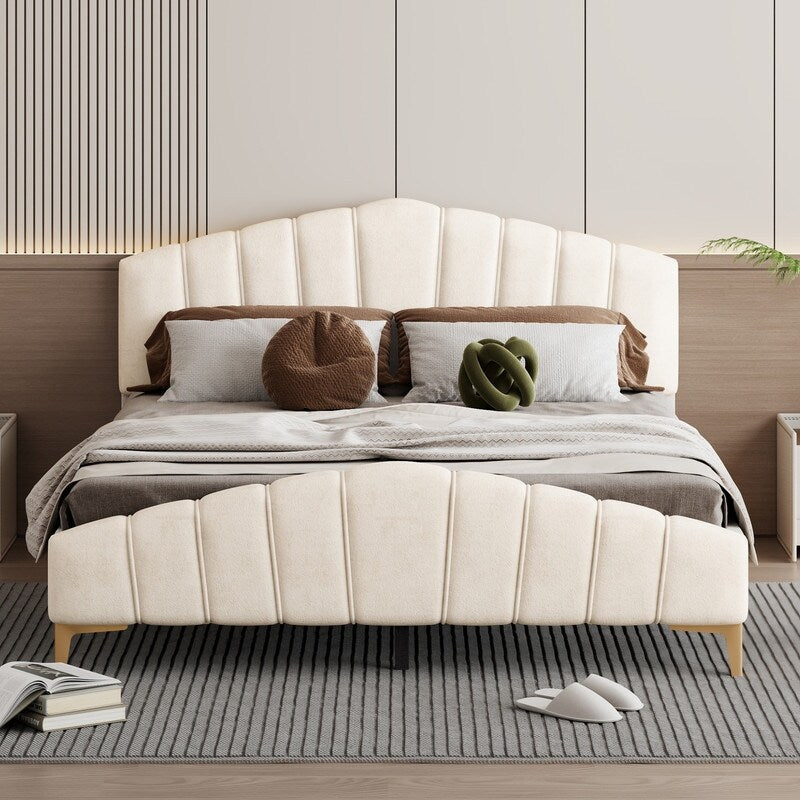 Queen Size Velvet Upholstered Platform Bed with Stripe Decorated Bedboard