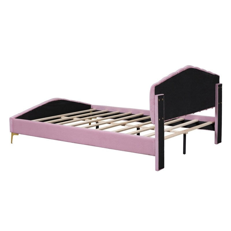 Queen Size Velvet Upholstered Platform Bed with Stripe Decorated Bedboard