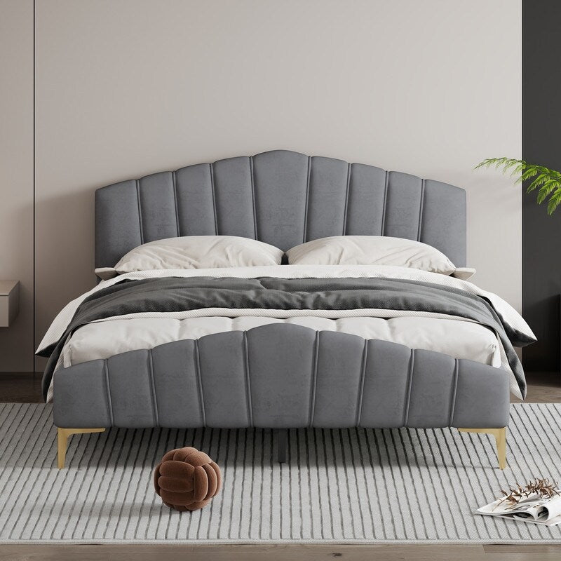 Queen Size Velvet Upholstered Platform Bed with Stripe Decorated Bedboard