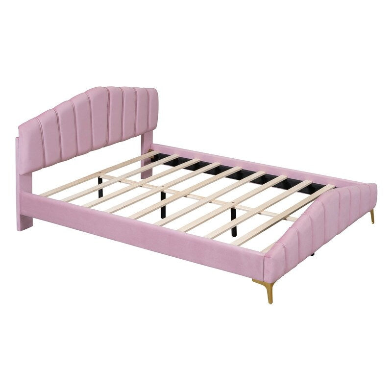 Queen Size Velvet Upholstered Platform Bed with Stripe Decorated Bedboard