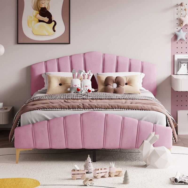 Queen Size Velvet Upholstered Platform Bed with Stripe Decorated Bedboard