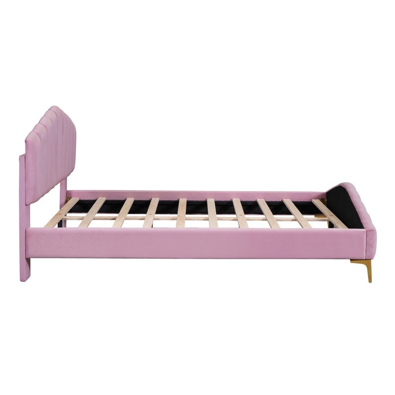 Queen Size Velvet Upholstered Platform Bed with Stripe Decorated Bedboard
