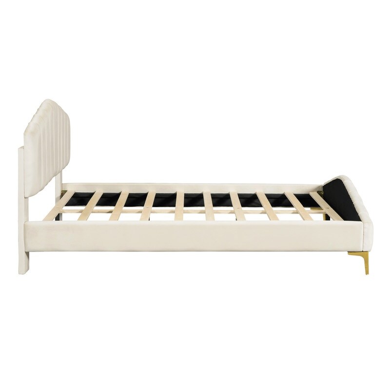 Queen Size Velvet Upholstered Platform Bed with Stripe Decorated Bedboard