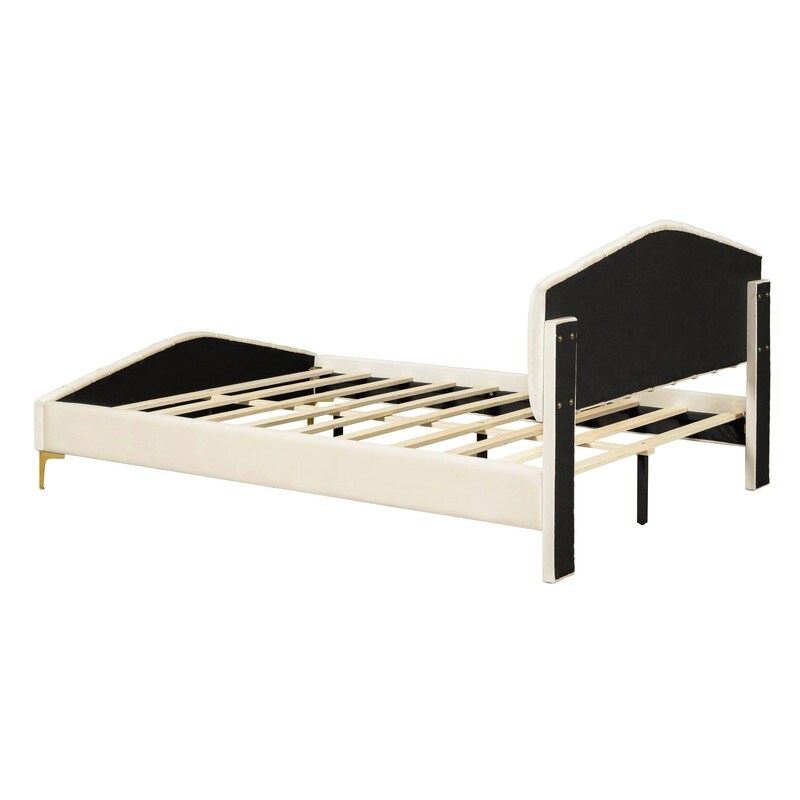 Queen Size Velvet Upholstered Platform Bed with Stripe Decorated Bedboard