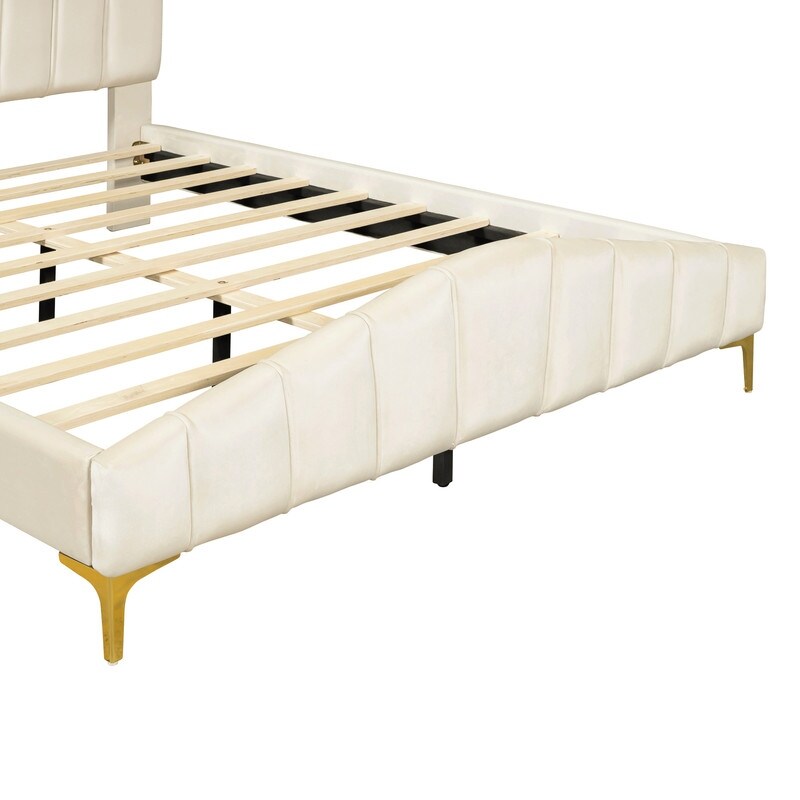 Queen Size Velvet Upholstered Platform Bed with Stripe Decorated Bedboard