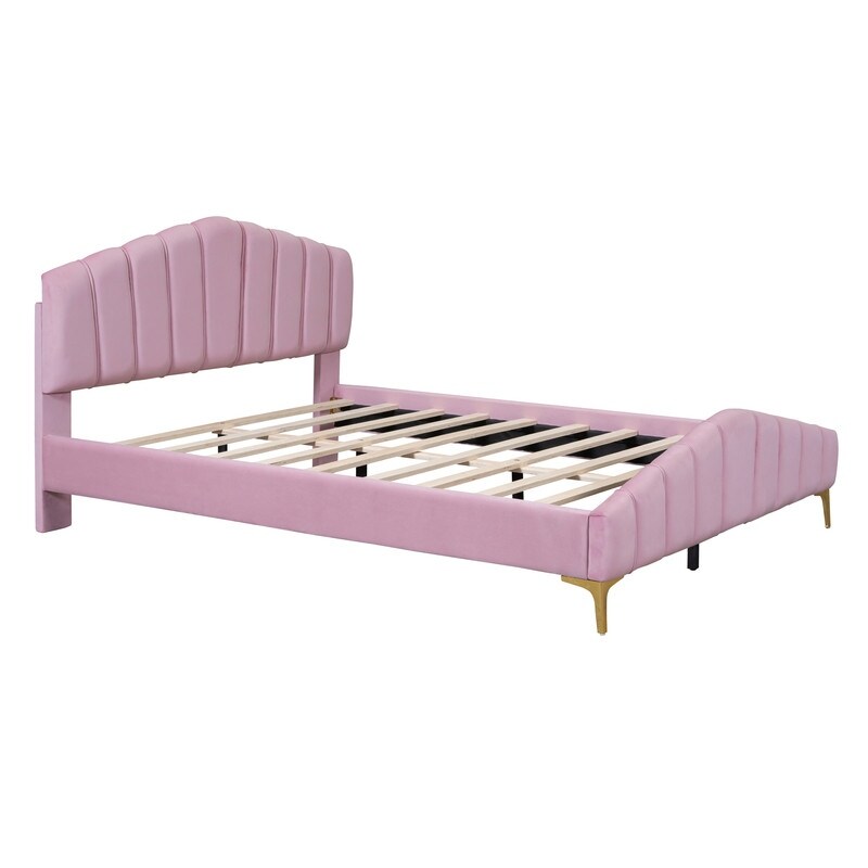 Queen Size Velvet Upholstered Platform Bed with Stripe Decorated Bedboard