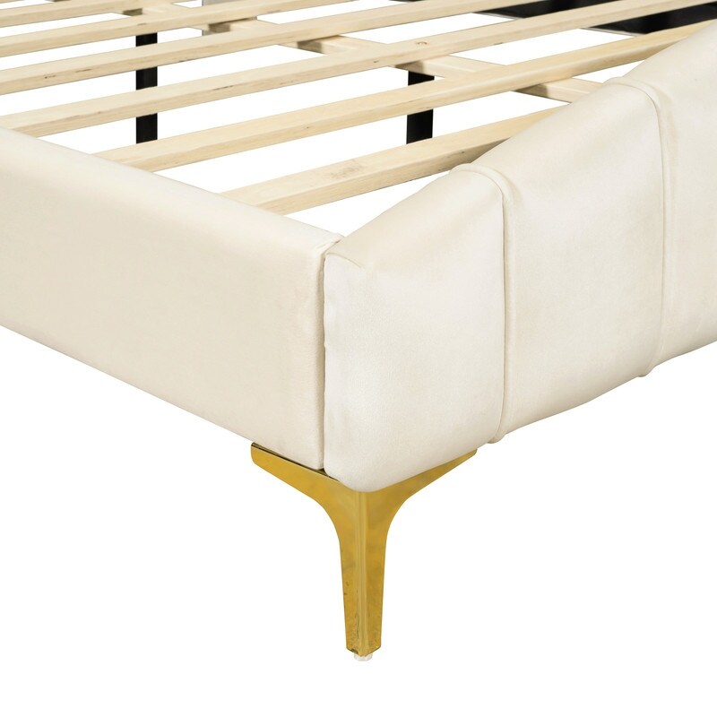 Queen Size Velvet Upholstered Platform Bed with Stripe Decorated Bedboard