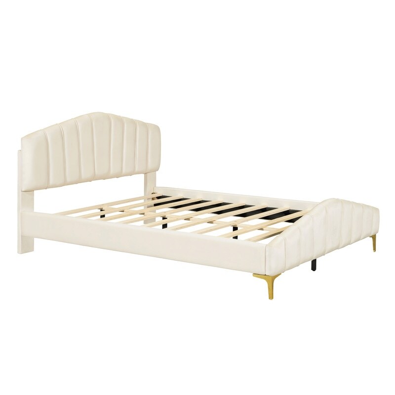 Queen Size Velvet Upholstered Platform Bed with Stripe Decorated Bedboard