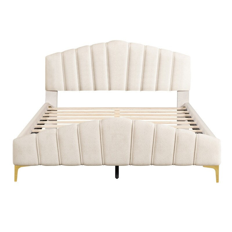 Queen Size Velvet Upholstered Platform Bed with Stripe Decorated Bedboard